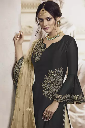 Black rangoli georgette semi stitched wedding sharara suit