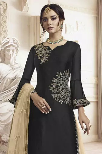 Black rangoli georgette semi stitched wedding sharara suit
