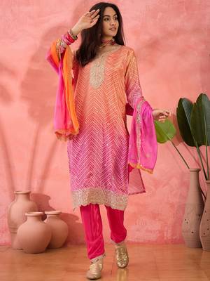 Chinon bandhni print sequence coding work kurta pant with dupatta set 1