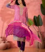 Chinon bandhni print sequence coding work kurta pant with dupatta set