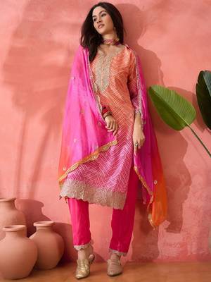 Chinon bandhni print sequence coding work kurta pant with dupatta set 2