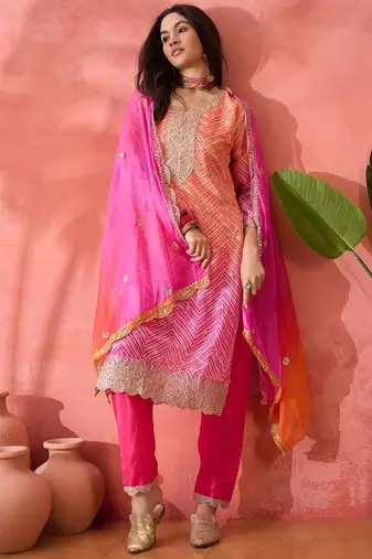 Chinon bandhni print sequence coding work kurta pant with dupatta set
