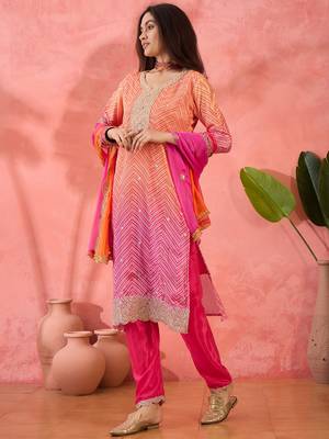 Chinon bandhni print sequence coding work kurta pant with dupatta set 3