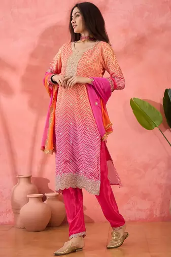 Chinon bandhni print sequence coding work kurta pant with dupatta set