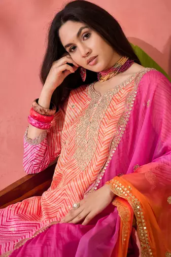 Chinon bandhni print sequence coding work kurta pant with dupatta set