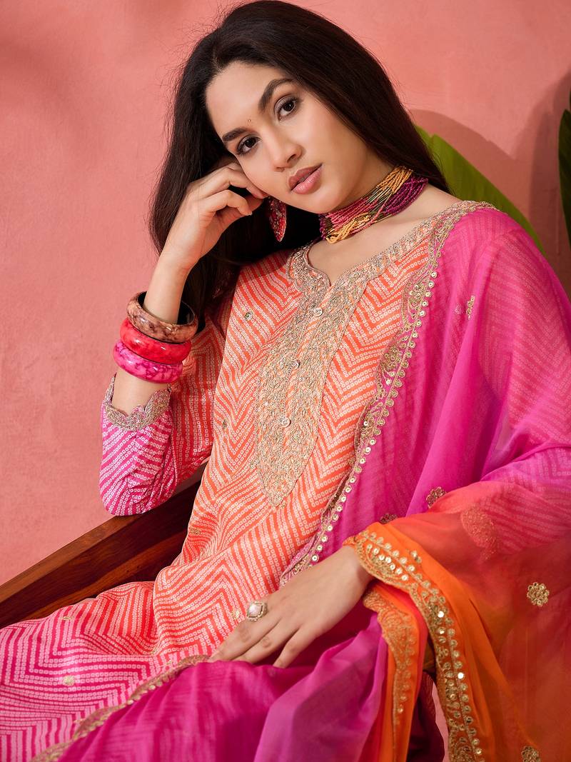Chinon bandhni print sequence coding work kurta pant with dupatta set