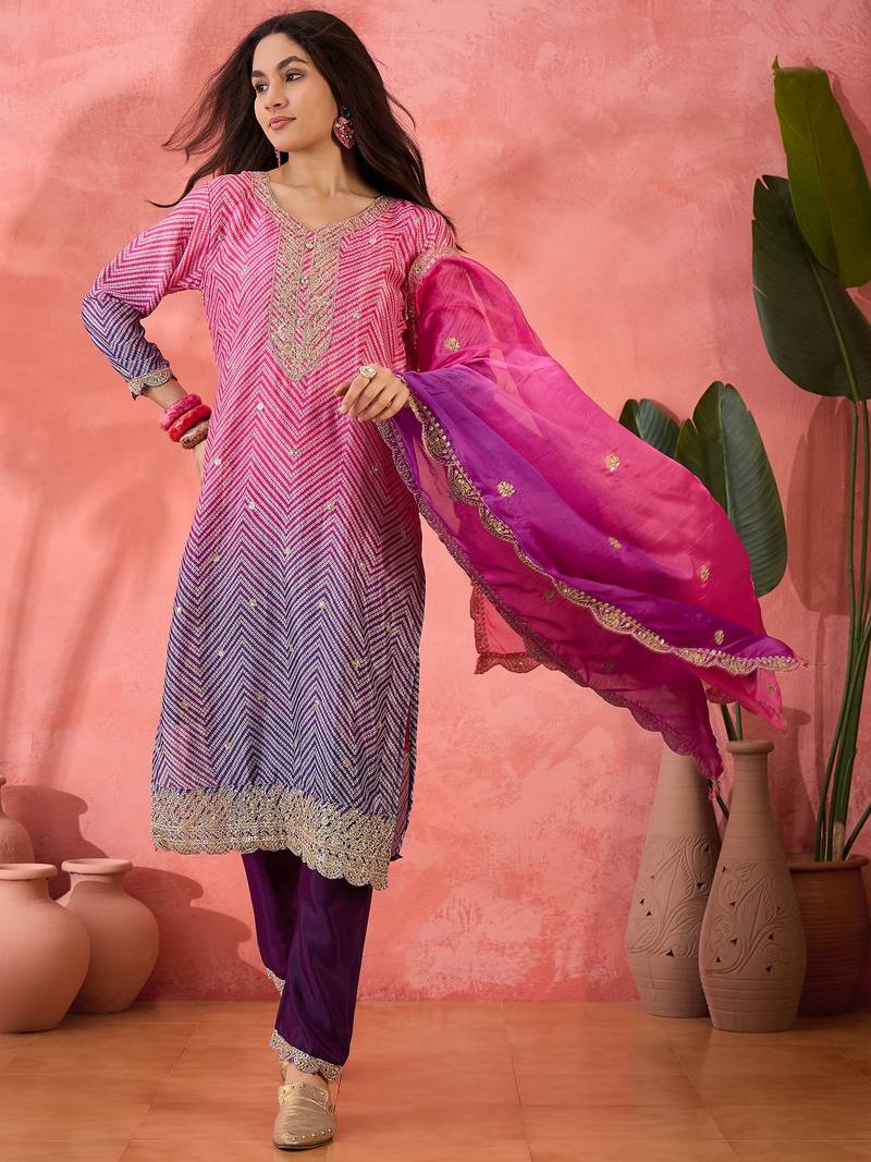 Chinon bandhni print sequence coding work kurta pant with dupatta set