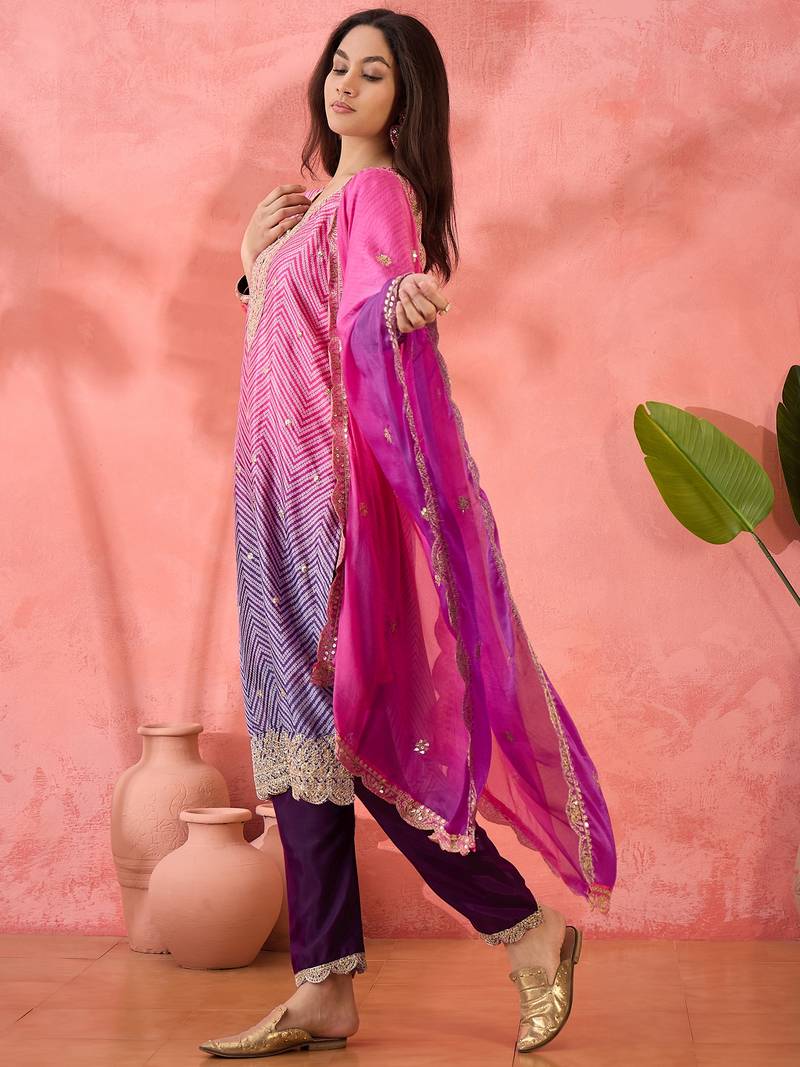 Chinon bandhni print sequence coding work kurta pant with dupatta set