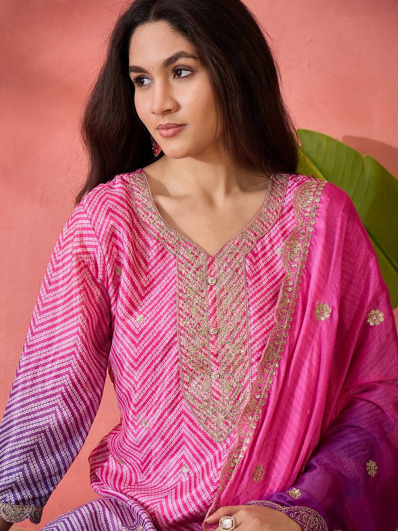 Chinon bandhni print sequence coding work kurta pant with dupatta set