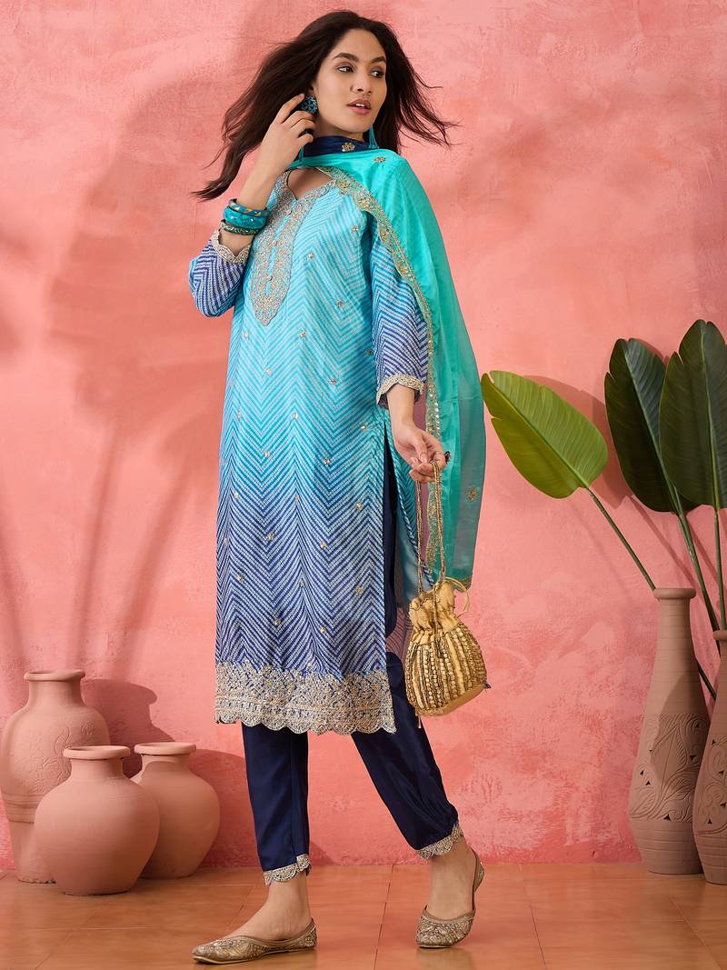 Chinon bandhni print sequence coding work kurta pant with dupatta set