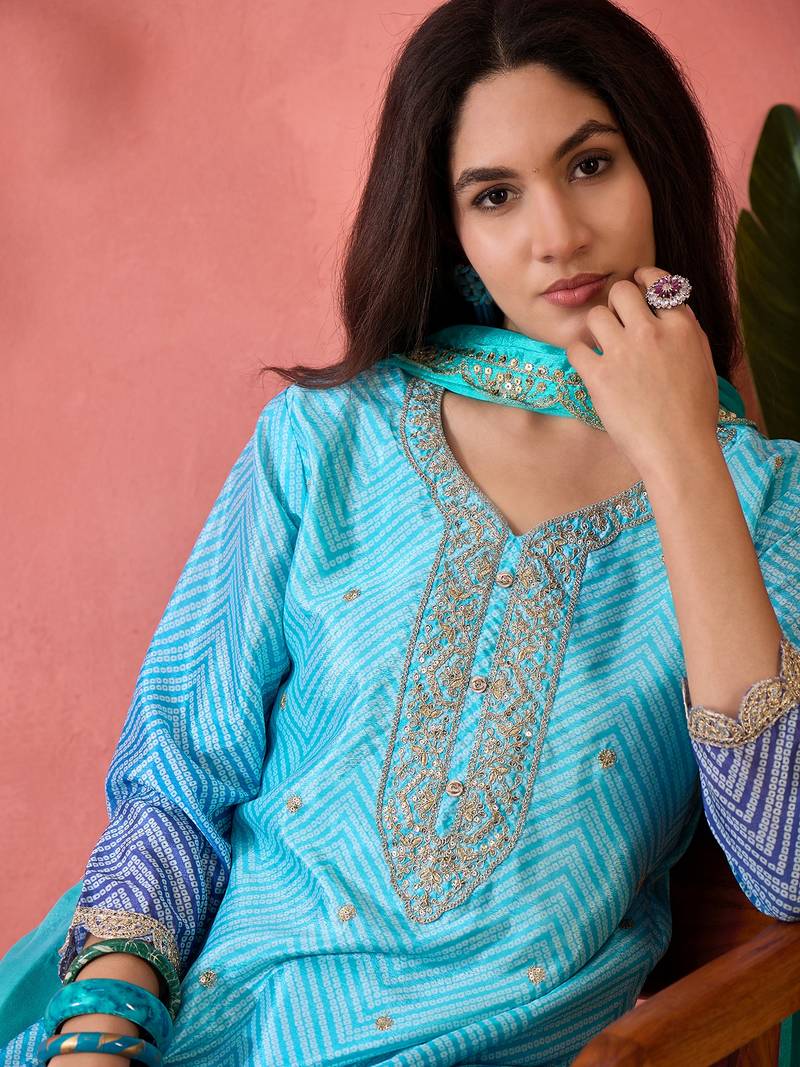 Chinon bandhni print sequence coding work kurta pant with dupatta set