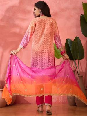 Chinon bandhni print sequence coding work kurta pant with dupatta set 5