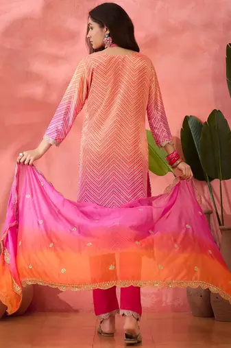 Chinon bandhni print sequence coding work kurta pant with dupatta set