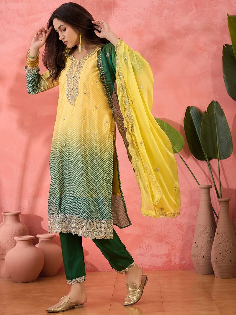 Chinon bandhni print sequence coding work kurta pant with dupatta set