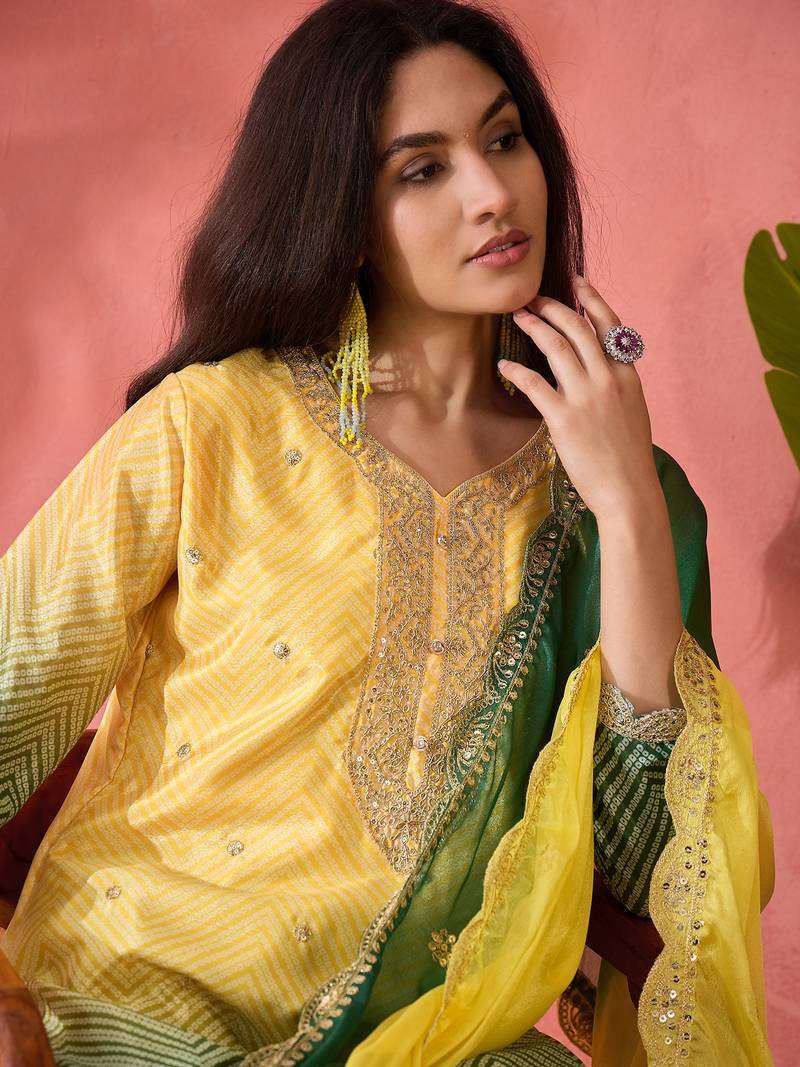 Chinon bandhni print sequence coding work kurta pant with dupatta set