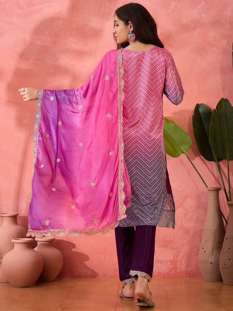 Chinon bandhni print sequence coding work kurta pant with dupatta set