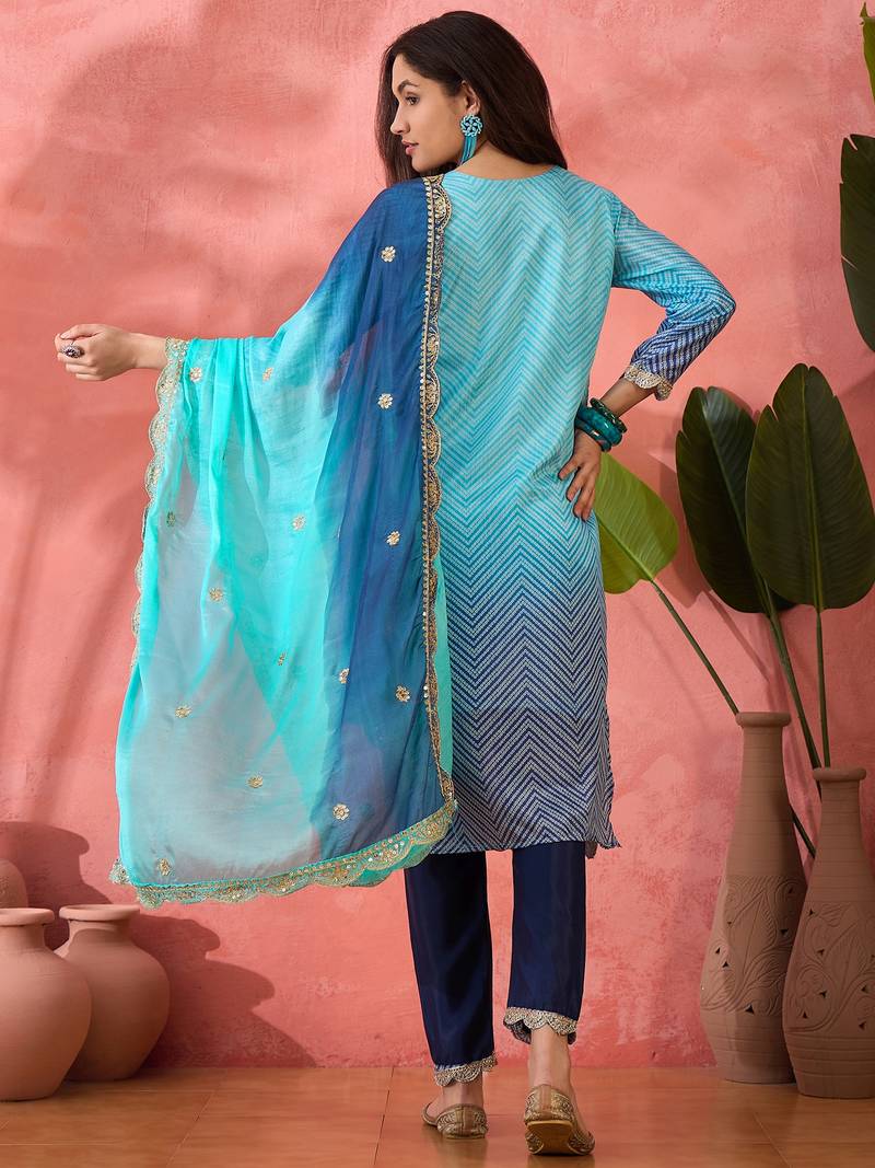 Chinon bandhni print sequence coding work kurta pant with dupatta set