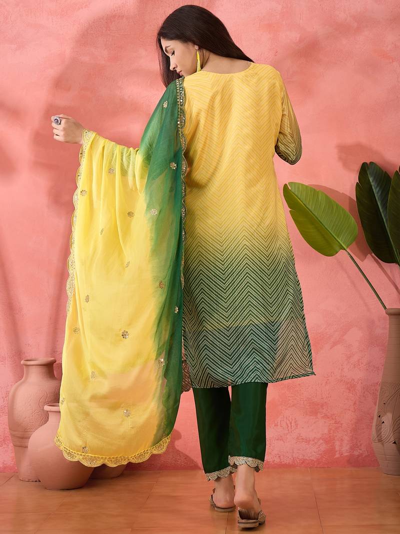 Chinon bandhni print sequence coding work kurta pant with dupatta set