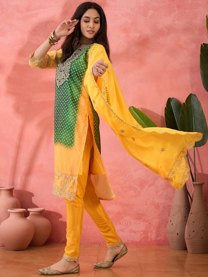 Chinon bandhni print sequence coding work kurta pant with dupatta set