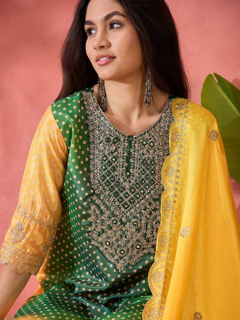 Chinon bandhni print sequence coding work kurta pant with dupatta set