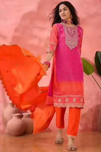 Chinon bandhni print sequence coding work kurta pant with dupatta set