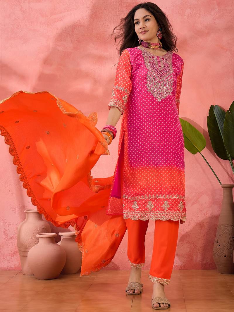 Chinon bandhni print sequence coding work kurta pant with dupatta set