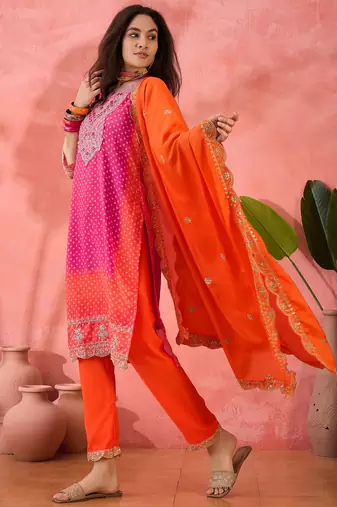 Chinon bandhni print sequence coding work kurta pant with dupatta set