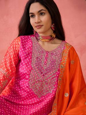 Chinon bandhni print sequence coding work kurta pant with dupatta set 4