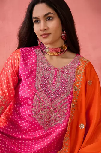 Chinon bandhni print sequence coding work kurta pant with dupatta set