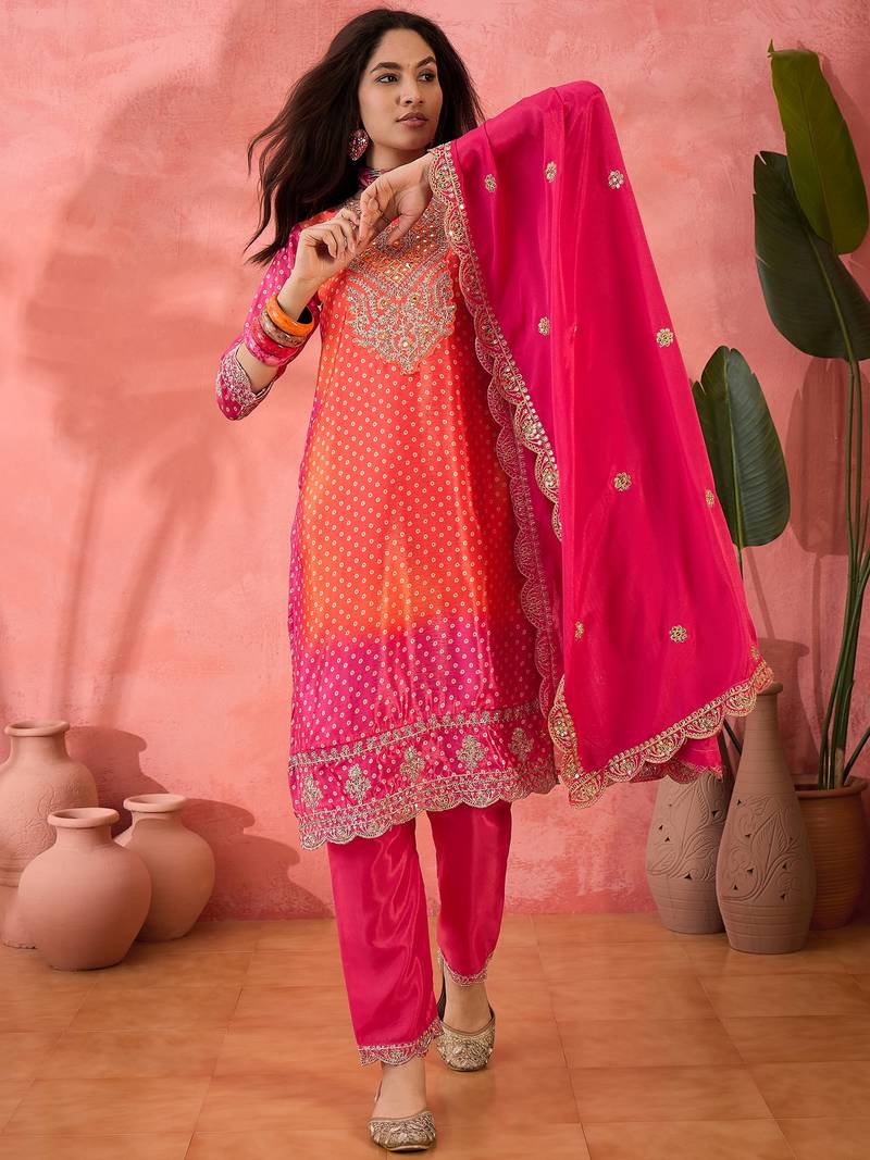 Chinon bandhni print sequence coding work kurta pant with dupatta set