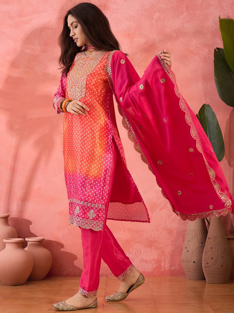 Chinon bandhni print sequence coding work kurta pant with dupatta set