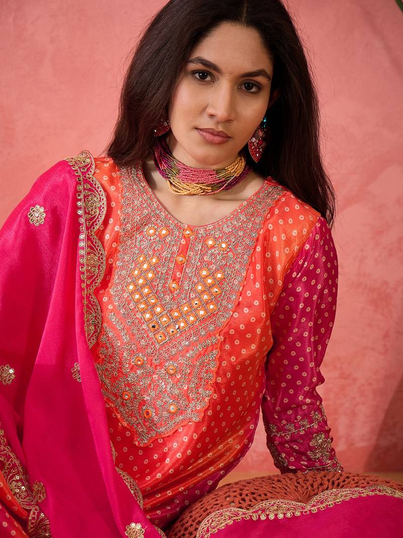 Chinon bandhni print sequence coding work kurta pant with dupatta set