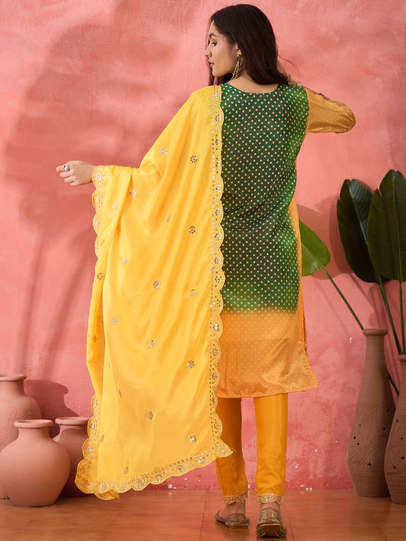 Chinon bandhni print sequence coding work kurta pant with dupatta set
