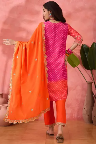 Chinon bandhni print sequence coding work kurta pant with dupatta set