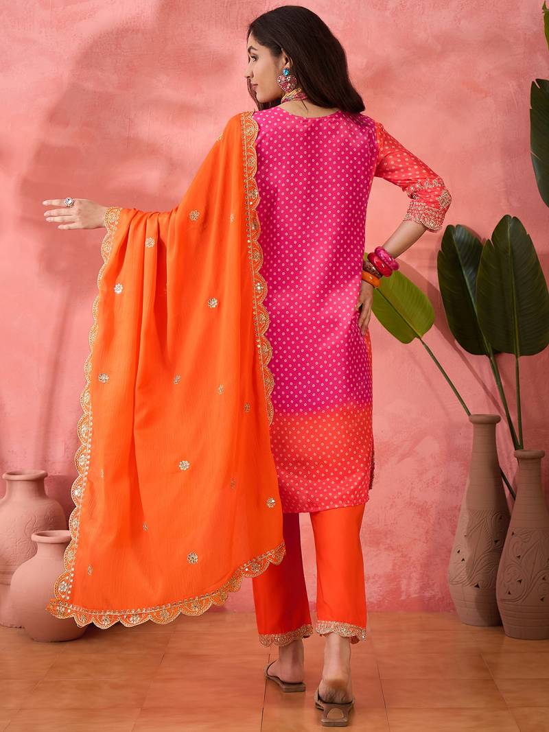 Chinon bandhni print sequence coding work kurta pant with dupatta set