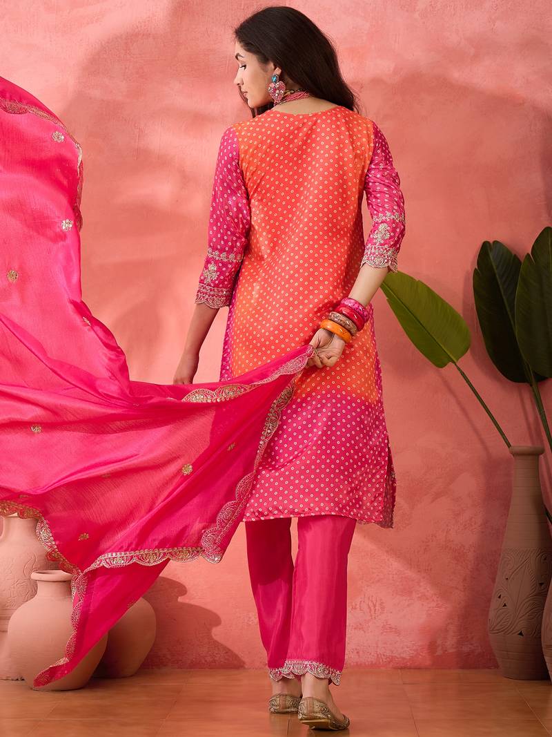 Chinon bandhni print sequence coding work kurta pant with dupatta set