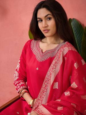 Embroidered notch neck sequined a-line kurta with trouser & dupatta 1