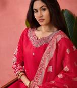 Embroidered notch neck sequined a-line kurta with trouser & dupatta