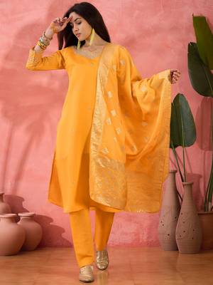Embroidered notch neck sequined a-line kurta with trouser & dupatta 1