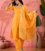 Embroidered notch neck sequined a-line kurta with trouser & dupatta