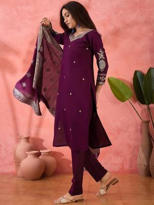 Embroidered notch neck sequined a-line kurta with trouser & dupatta 4