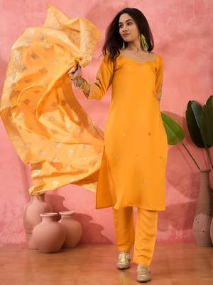 Embroidered notch neck sequined a-line kurta with trouser & dupatta 2