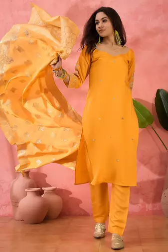Embroidered notch neck sequined a-line kurta with trouser & dupatta