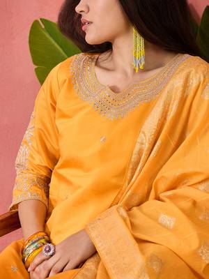 Embroidered notch neck sequined a-line kurta with trouser & dupatta 4