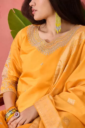 Embroidered notch neck sequined a-line kurta with trouser & dupatta
