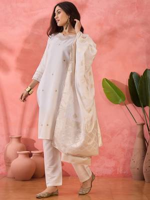 Embroidered notch neck sequined a-line kurta with trouser & dupatta 2