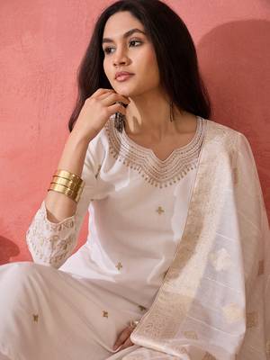Embroidered notch neck sequined a-line kurta with trouser & dupatta 3