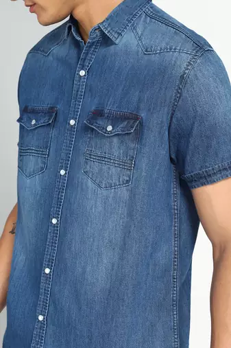 Men's denim double pocket casual shirt | half sleeves shirt for men