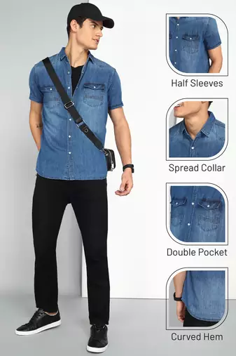 Men's denim double pocket casual shirt | half sleeves shirt for men