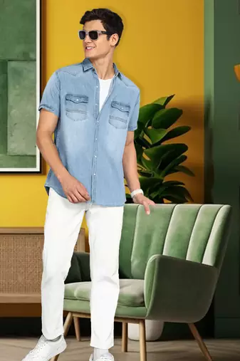 Men's denim double pocket casual shirt | half sleeves shirt for men